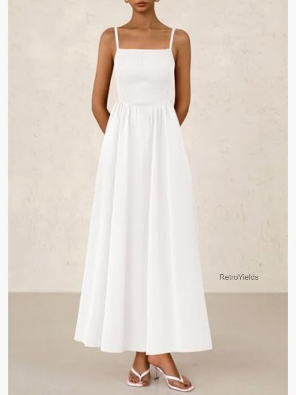 Smocked Spaghetti Strap Maxi Dress Sleeveless Flowy Beach Sundress - Picture 4 of 7